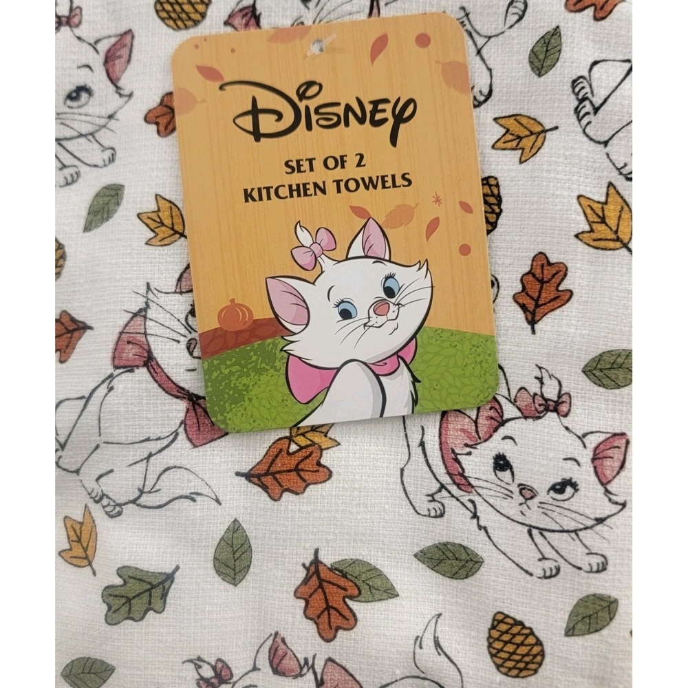 NEW Disney The Aristocats Marie Fall Leaves Autumn Kitchen Towels 2 Set